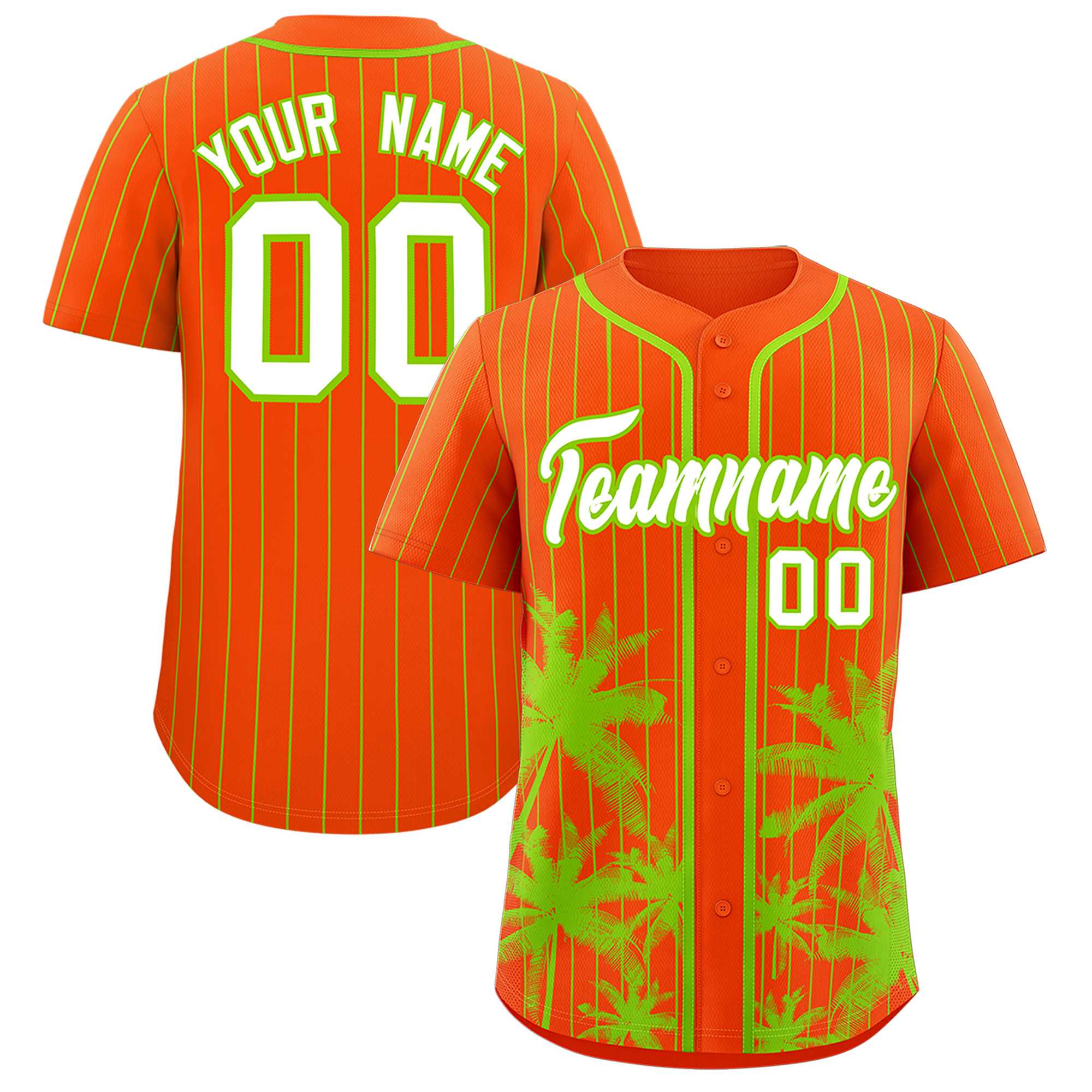 Custom Orange Neon Green Pinstripe Coconut Tree Pattern Authentic Baseball Jersey