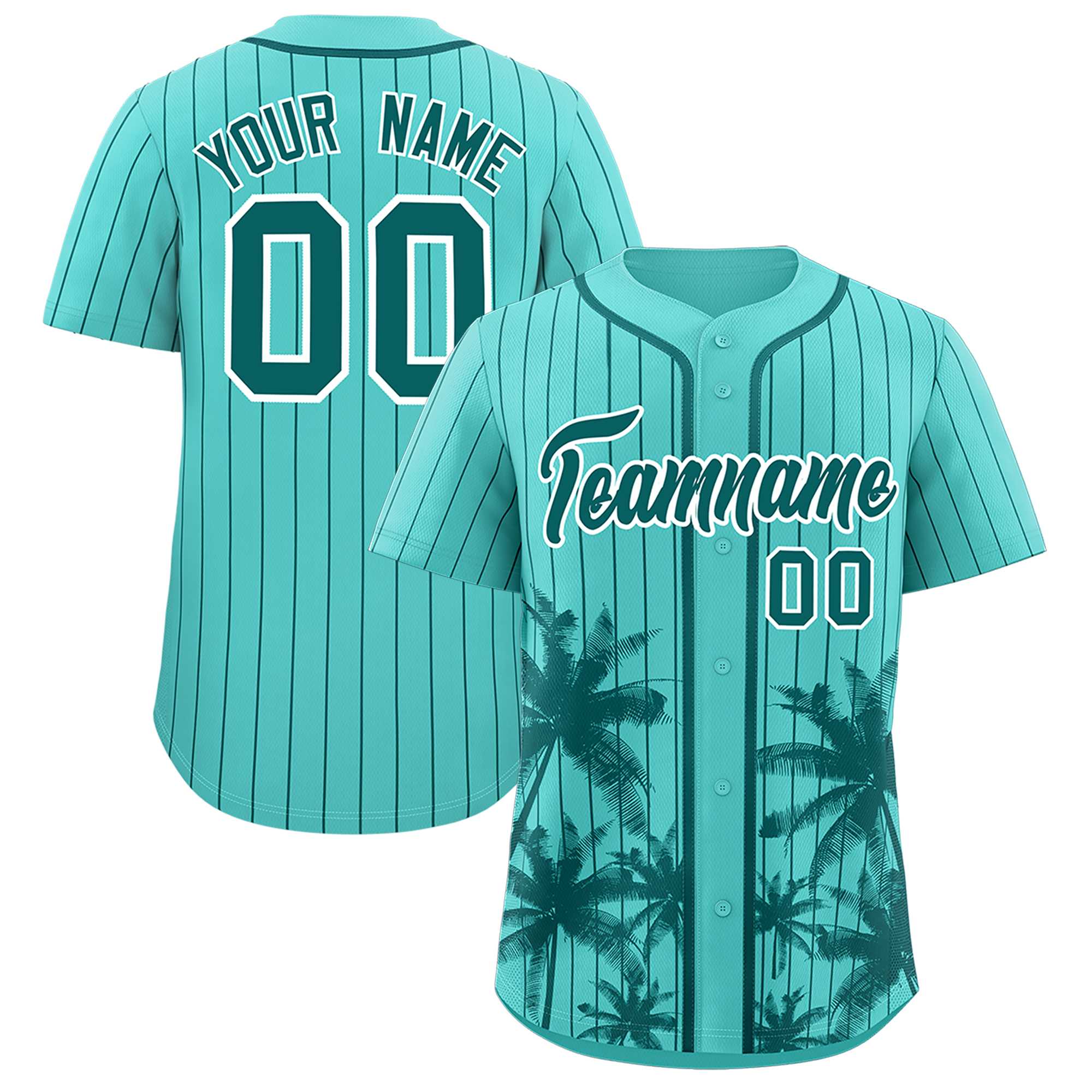 Custom Bright Green Aqua Pinstripe Coconut Tree Pattern Authentic Baseball Jersey