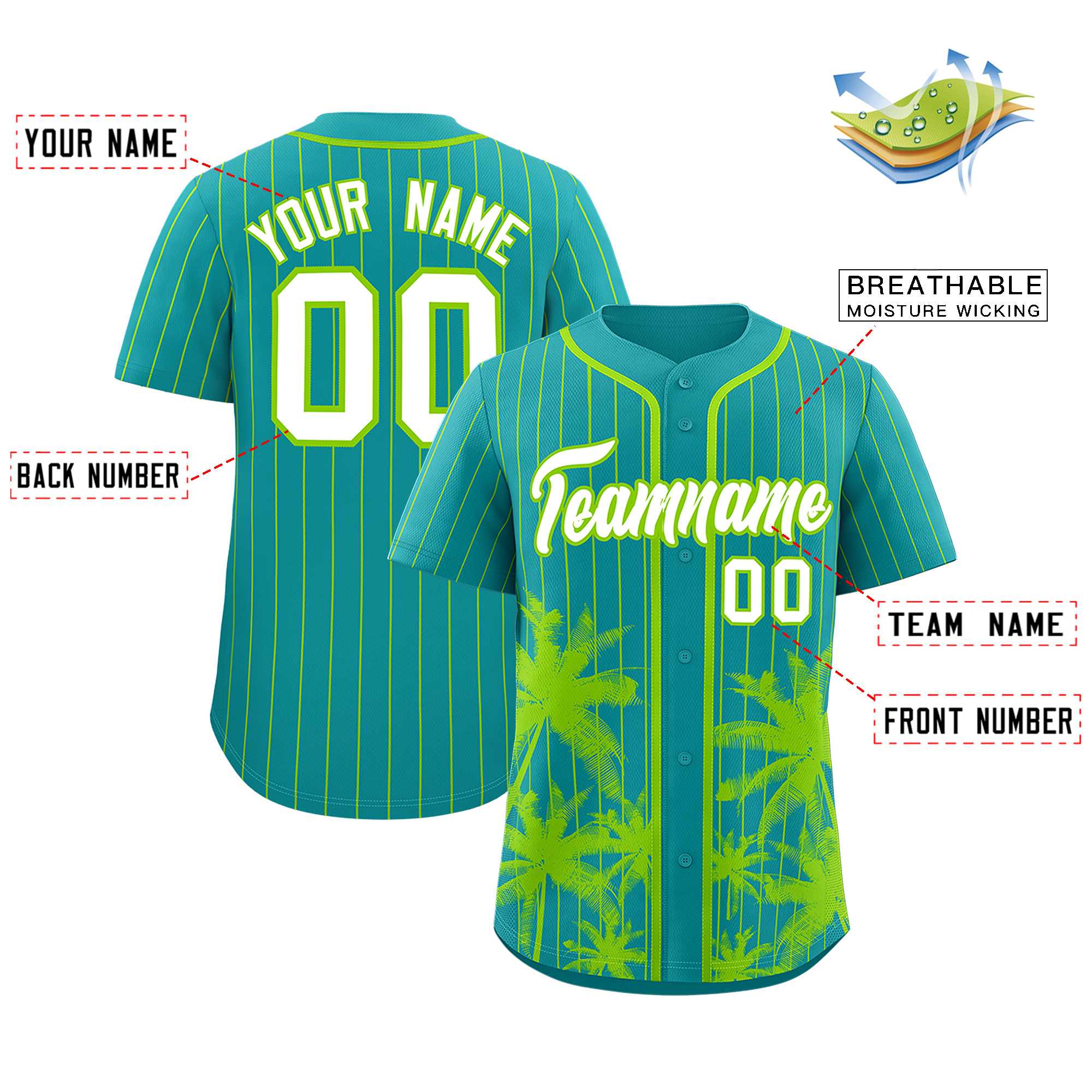 Custom Aqua Neon Green Pinstripe Coconut Tree Pattern Authentic Baseball Jersey