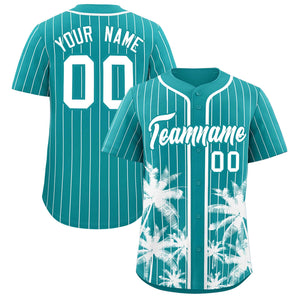 Custom Aqua White Pinstripe Coconut Tree Pattern Authentic Baseball Jersey