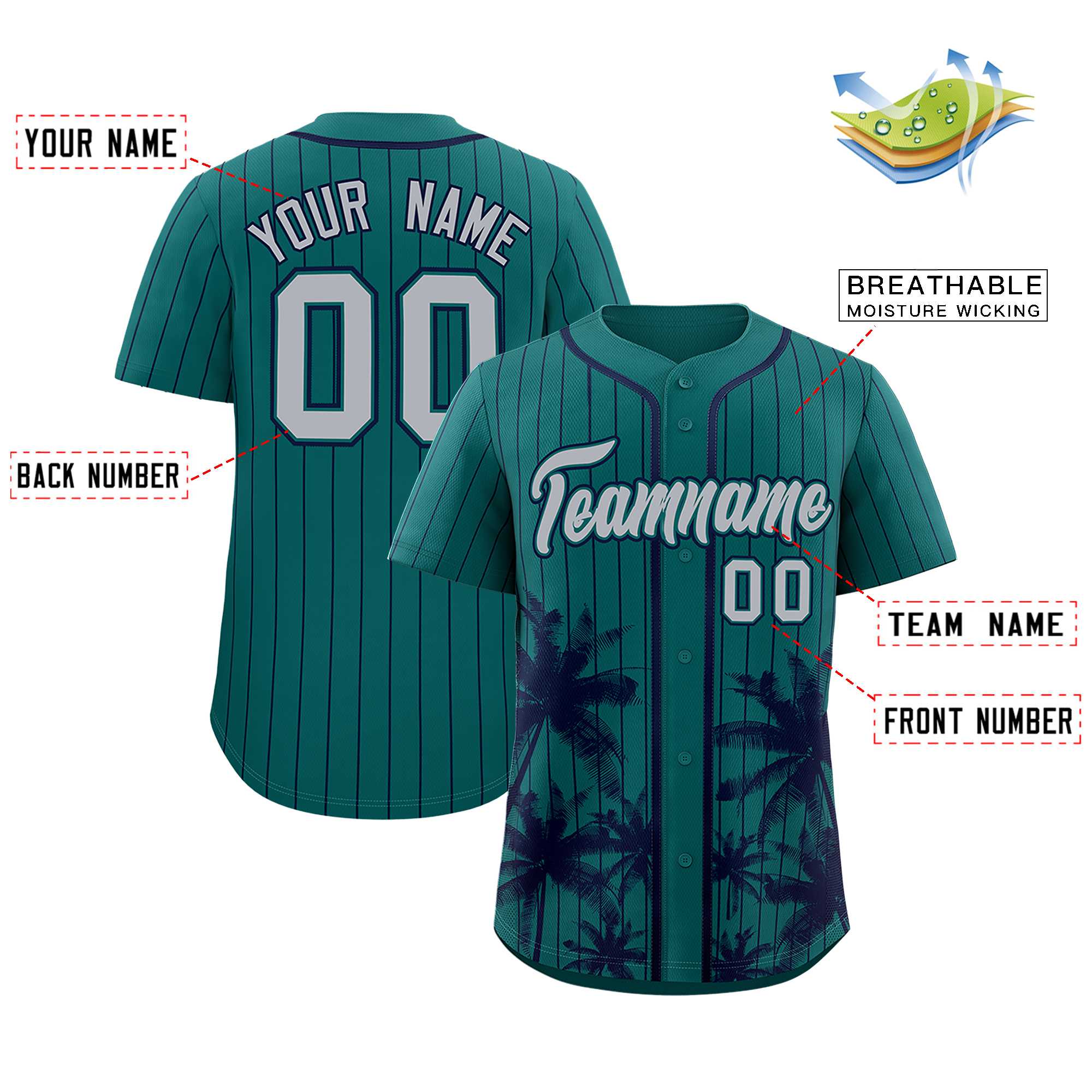 Custom Aqua Navy Pinstripe Coconut Tree Pattern Authentic Baseball Jersey