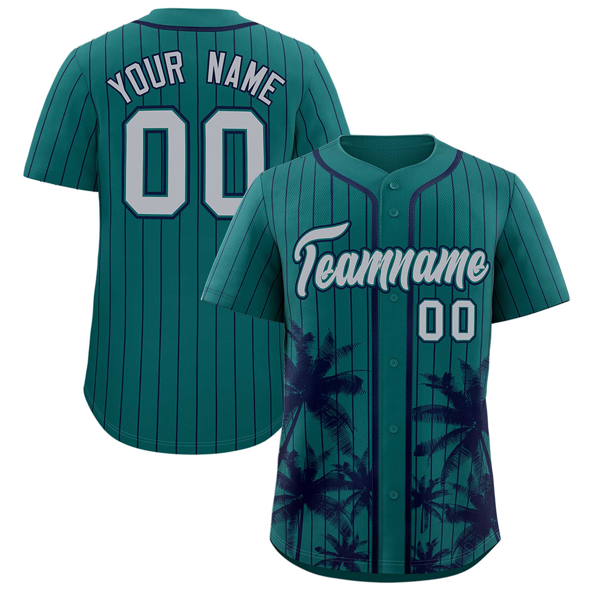 Custom Aqua Navy Pinstripe Coconut Tree Pattern Authentic Baseball Jersey