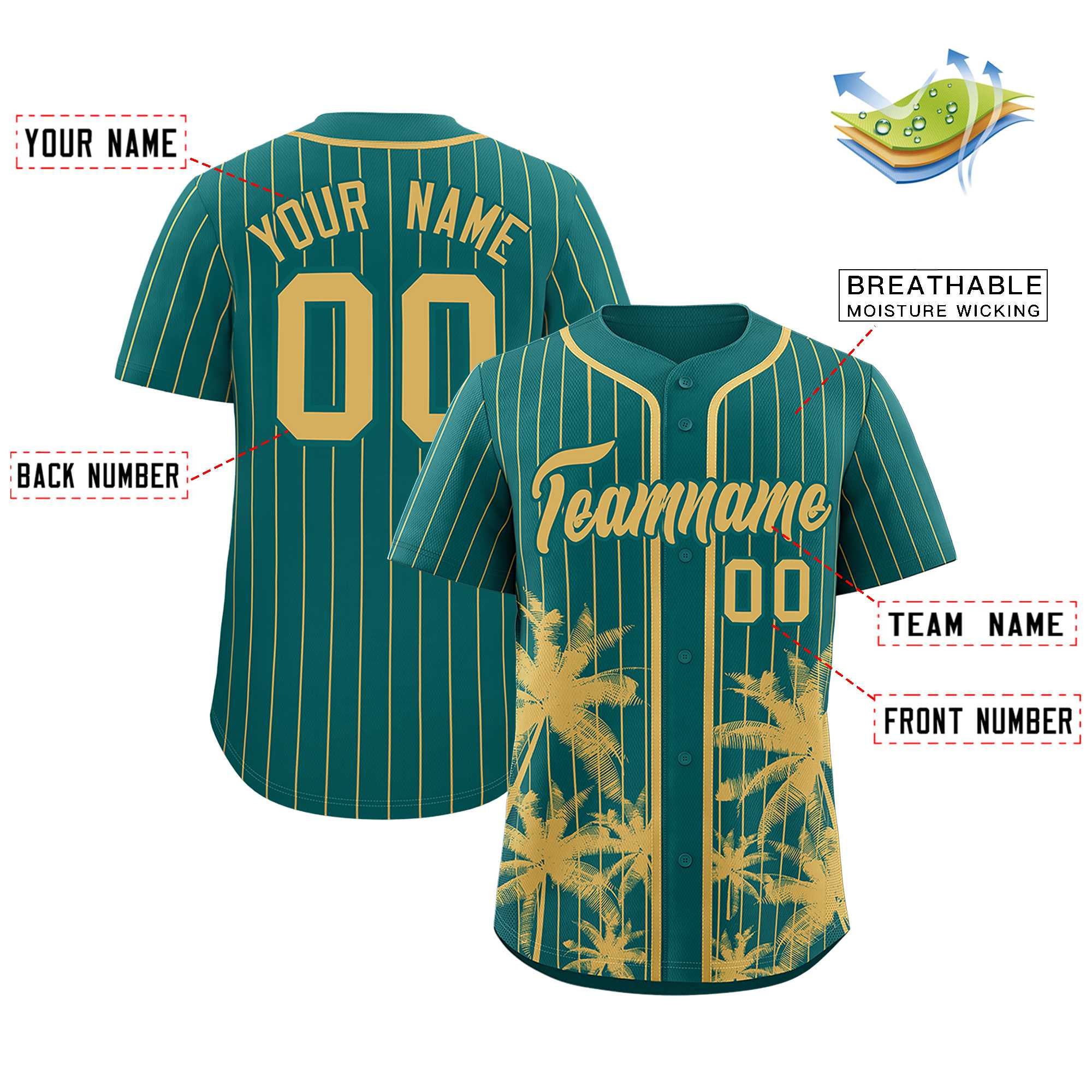 Custom Aqua Old Gold Pinstripe Coconut Tree Pattern Authentic Baseball Jersey