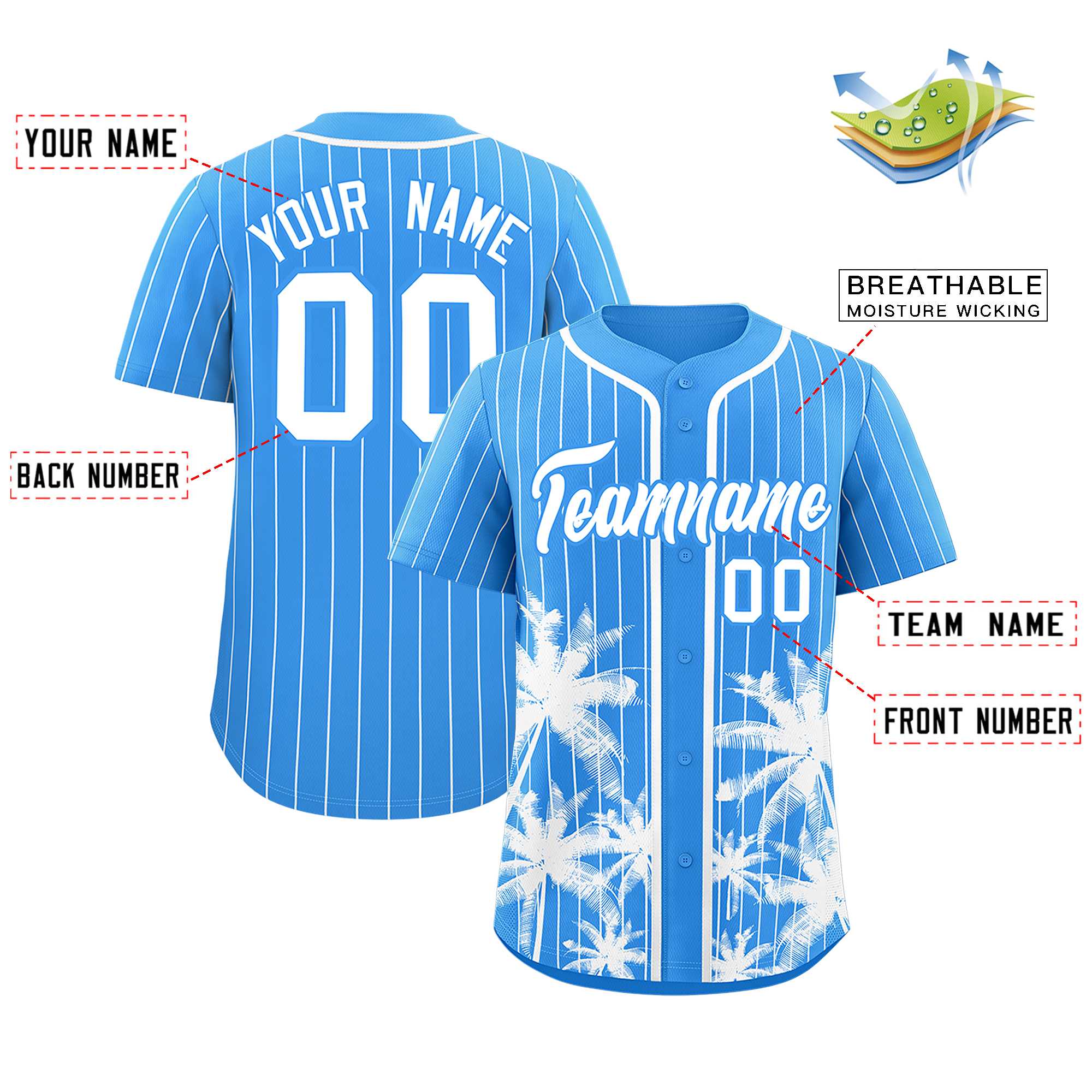 Custom Powder Blue White Pinstripe Coconut Tree Pattern Authentic Baseball Jersey