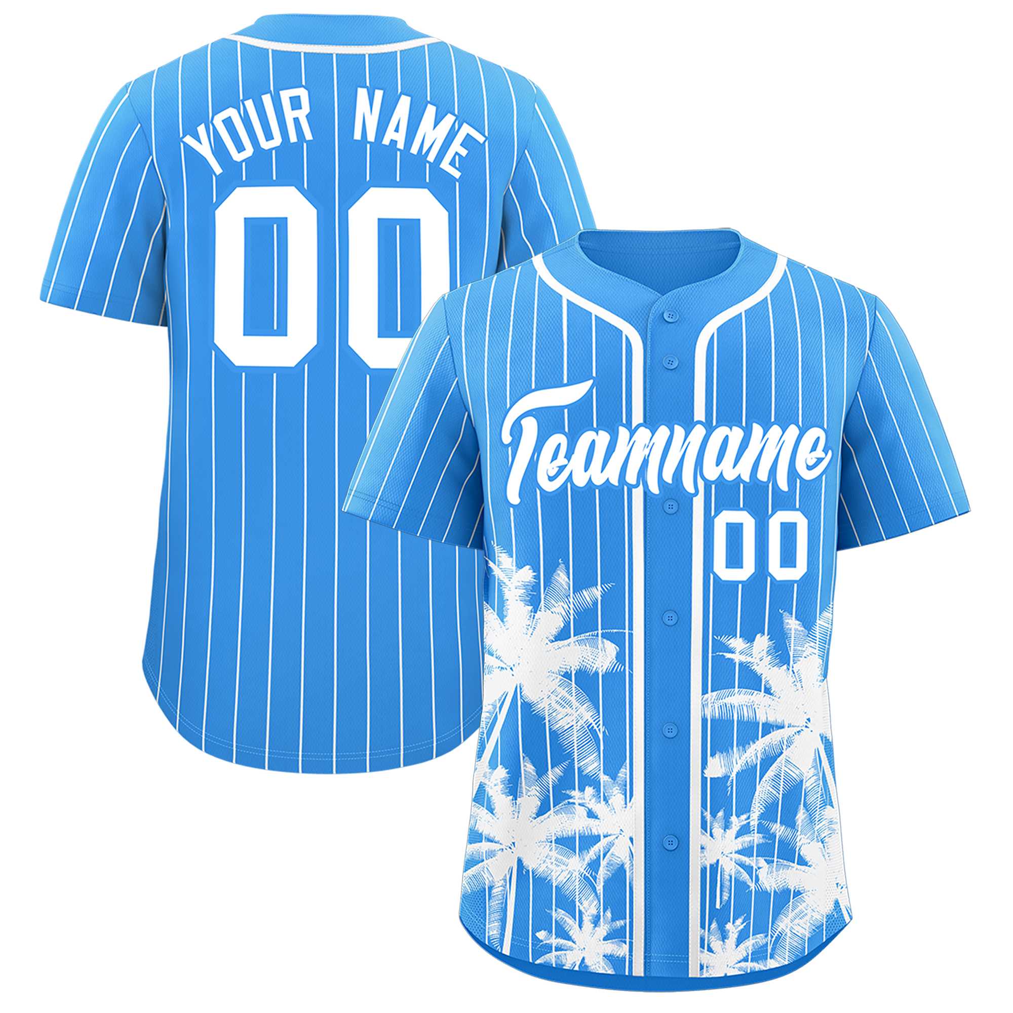 Custom Powder Blue White Pinstripe Coconut Tree Pattern Authentic Baseball Jersey