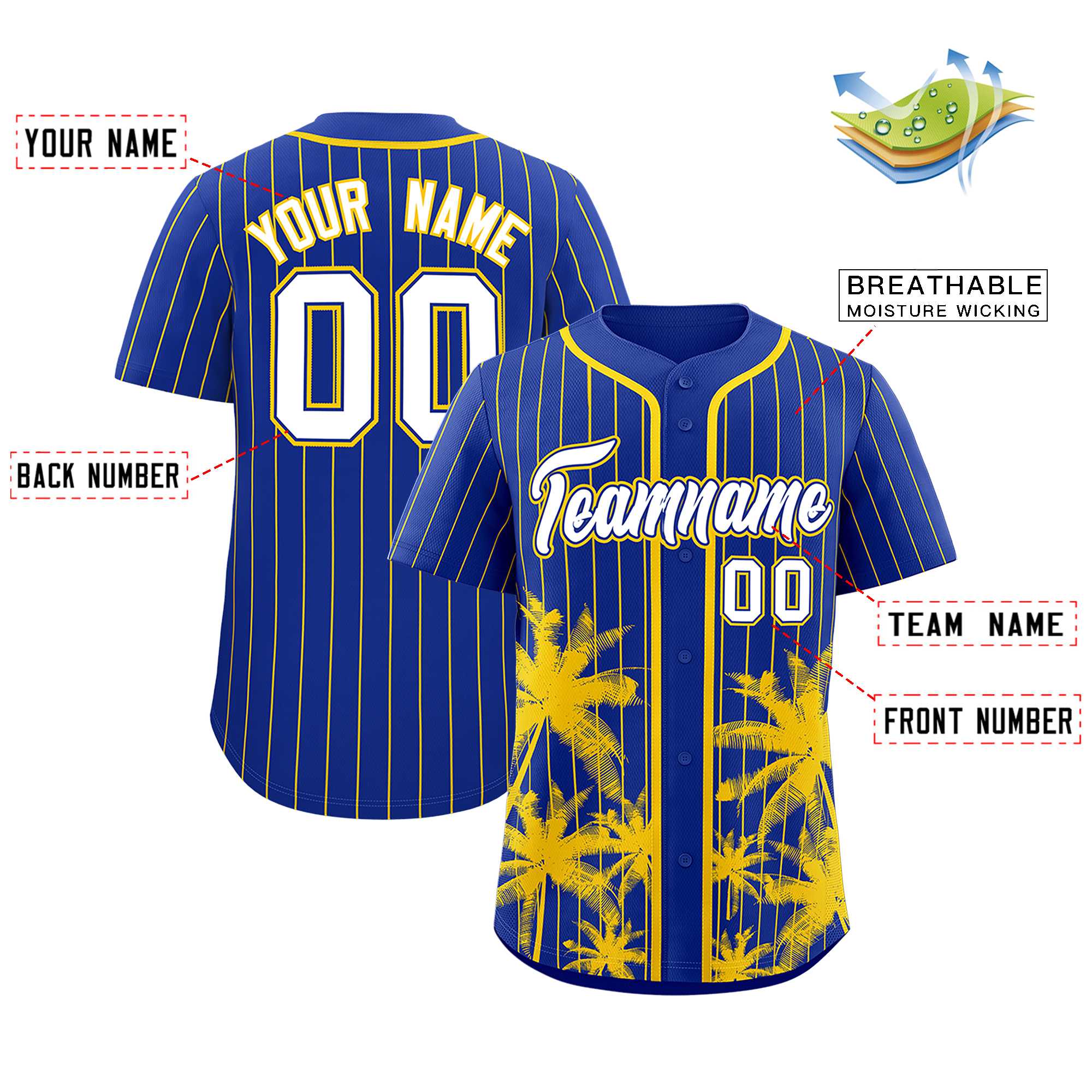 Custom Royal Gold Pinstripe Coconut Tree Pattern Authentic Baseball Jersey