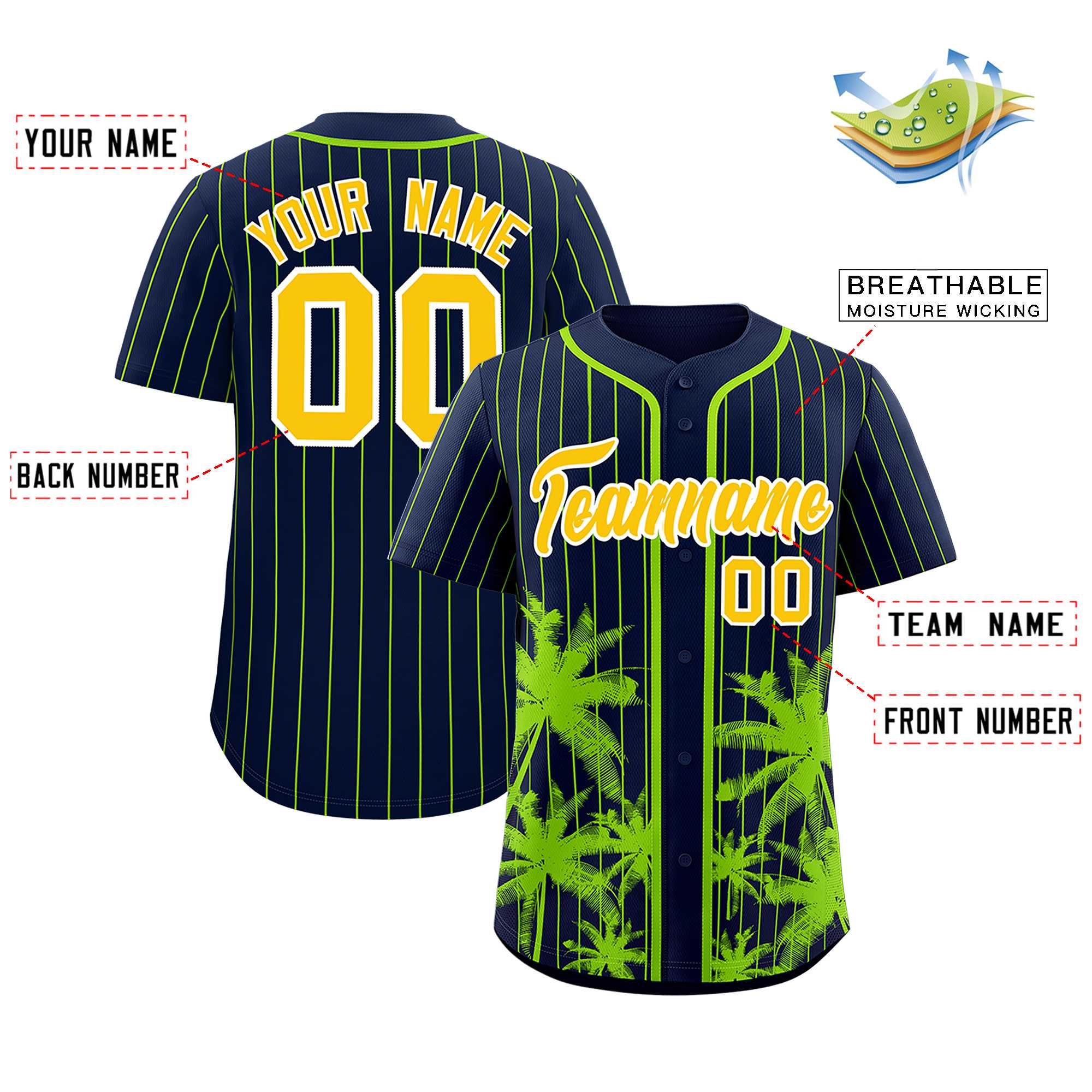 Custom Navy Neon Green Pinstripe Coconut Tree Pattern Authentic Baseball Jersey