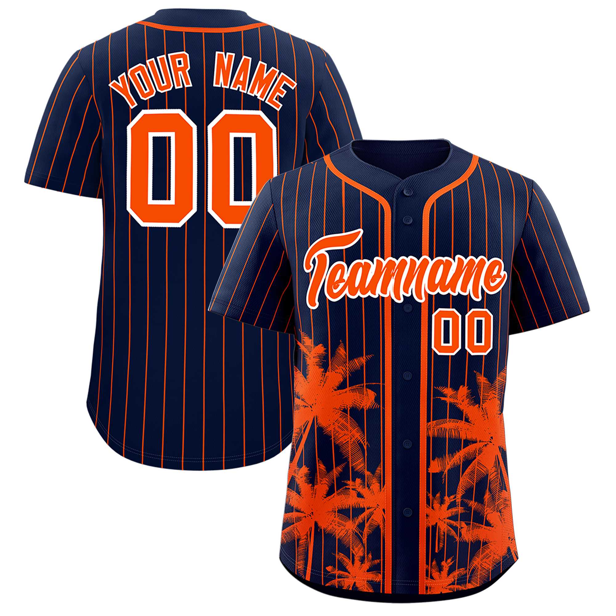 Custom Navy Orange Pinstripe Coconut Tree Pattern Authentic Baseball Jersey