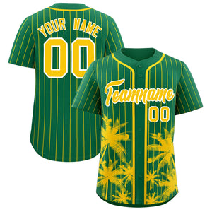 Custom Kelly Green Gold Pinstripe Coconut Tree Pattern Authentic Baseball Jersey