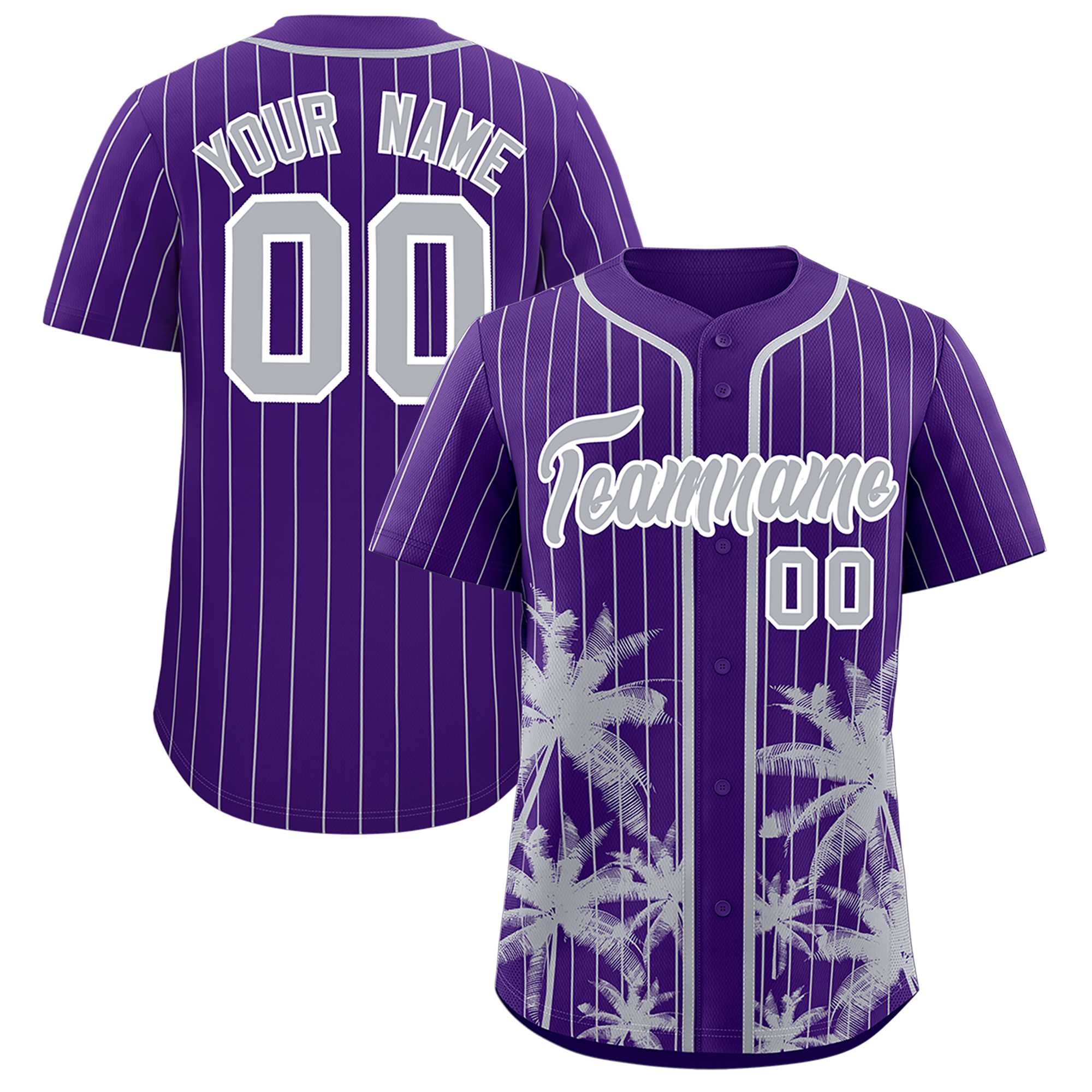 Custom Purple Gray Pinstripe Coconut Tree Pattern Authentic Baseball Jersey