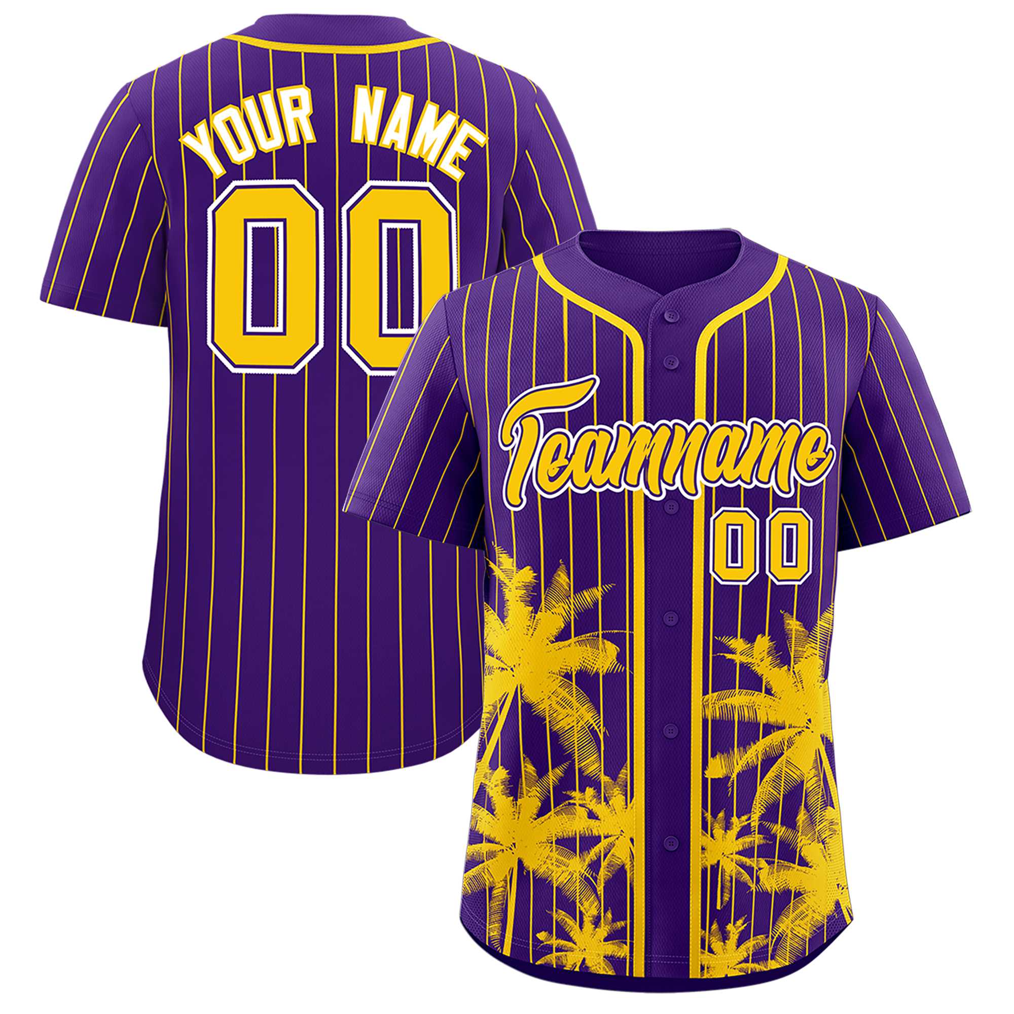 Custom Purple Gold Pinstripe Coconut Tree Pattern Authentic Baseball Jersey