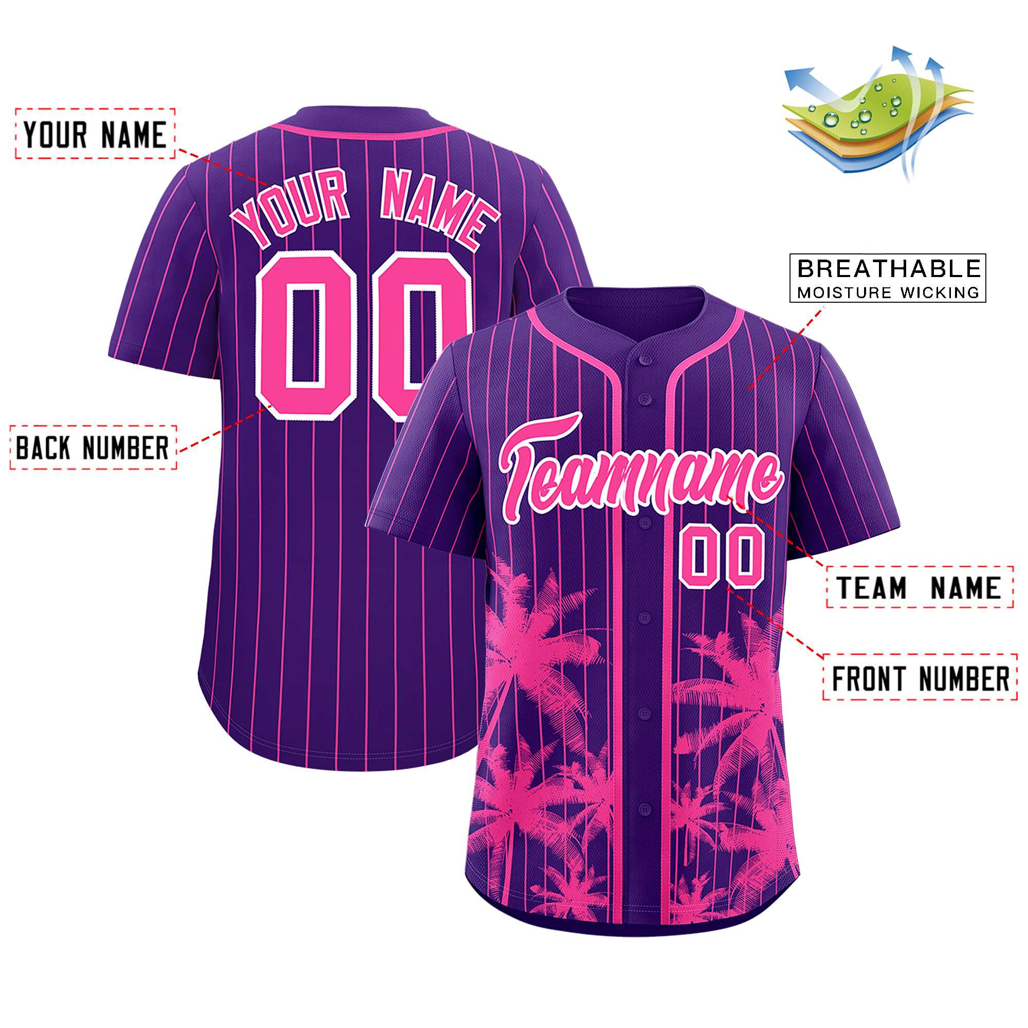 Custom Purple Pink Pinstripe Coconut Tree Pattern Authentic Baseball Jersey