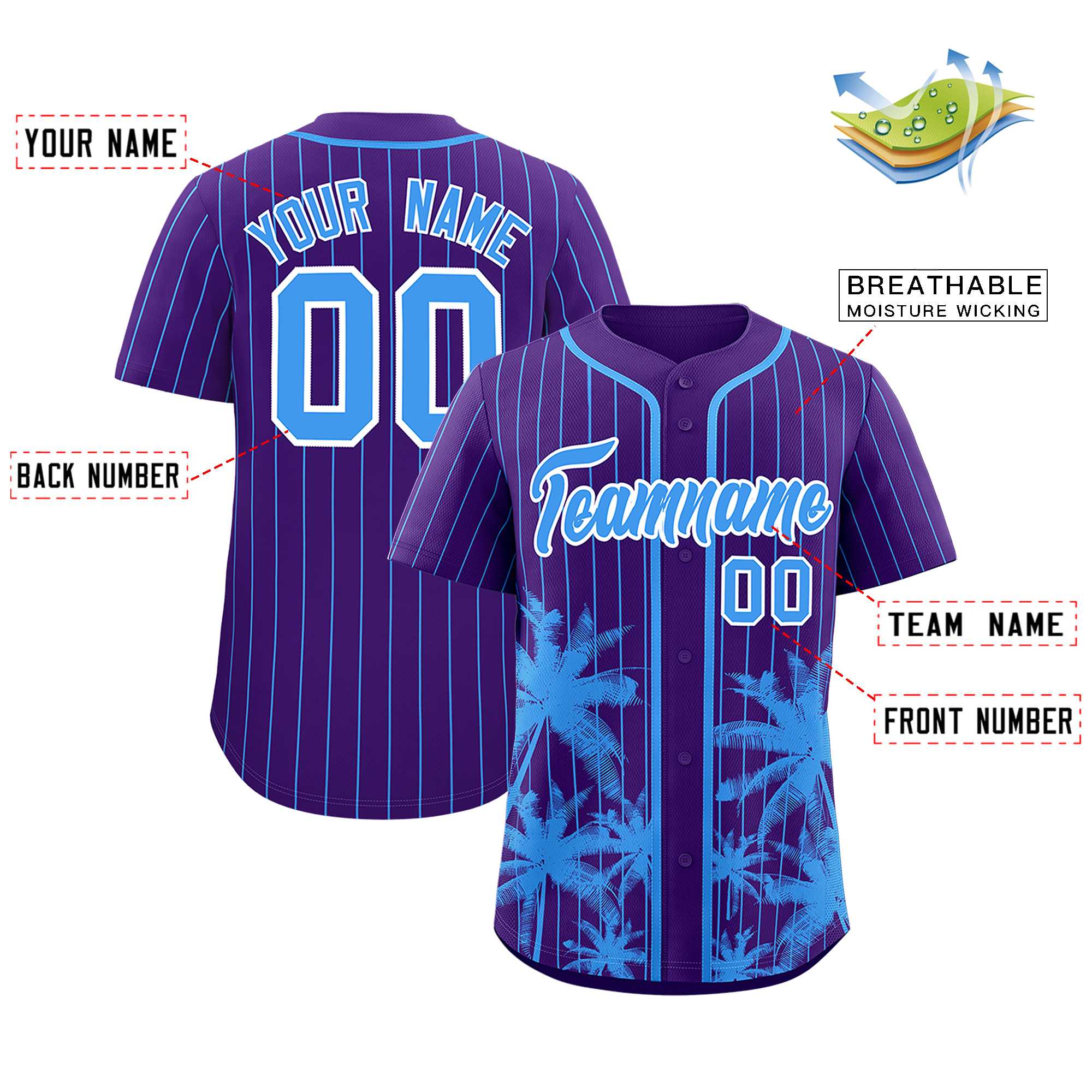 Custom Purple Powder Blue Pinstripe Coconut Tree Pattern Authentic Baseball Jersey