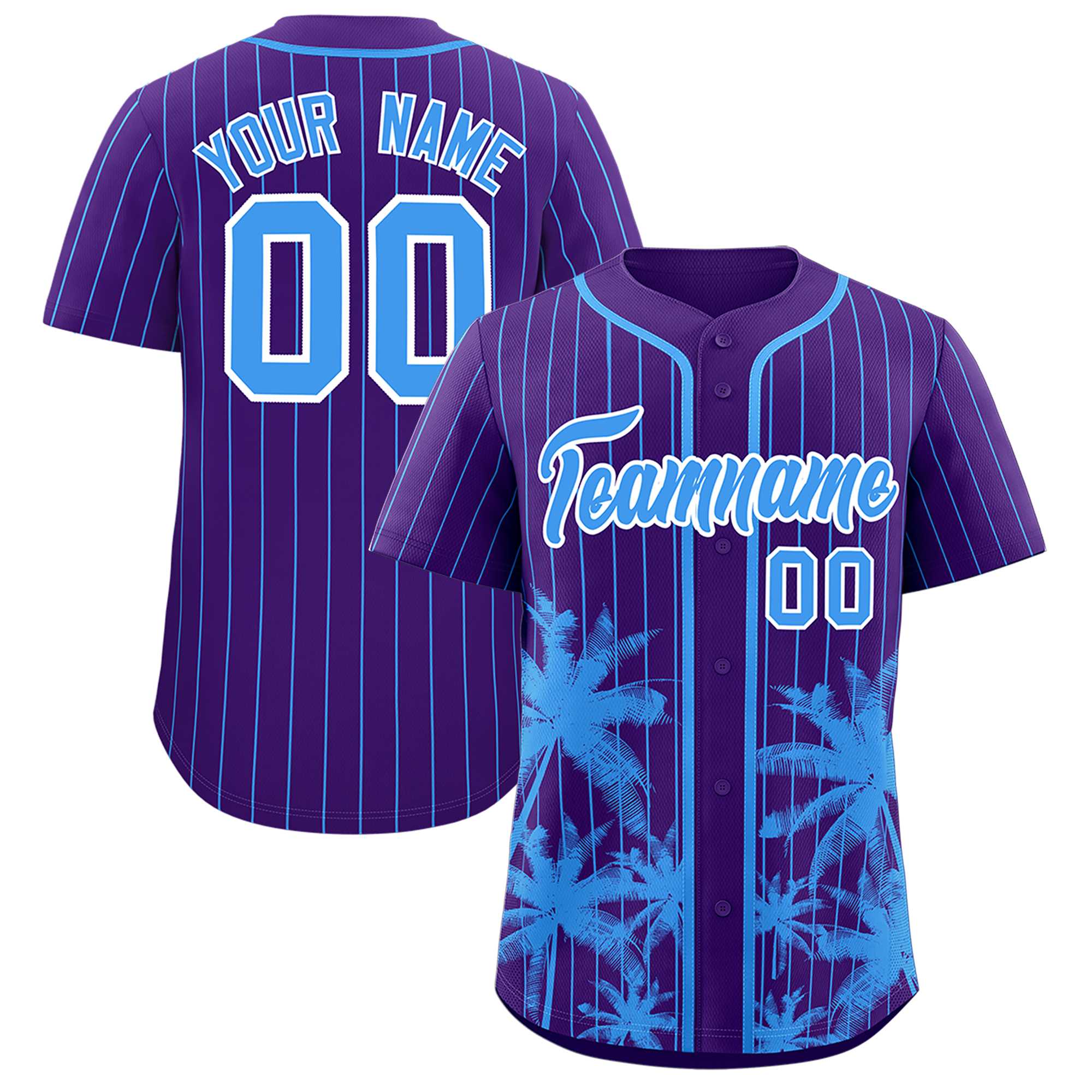 Custom Purple Powder Blue Pinstripe Coconut Tree Pattern Authentic Baseball Jersey