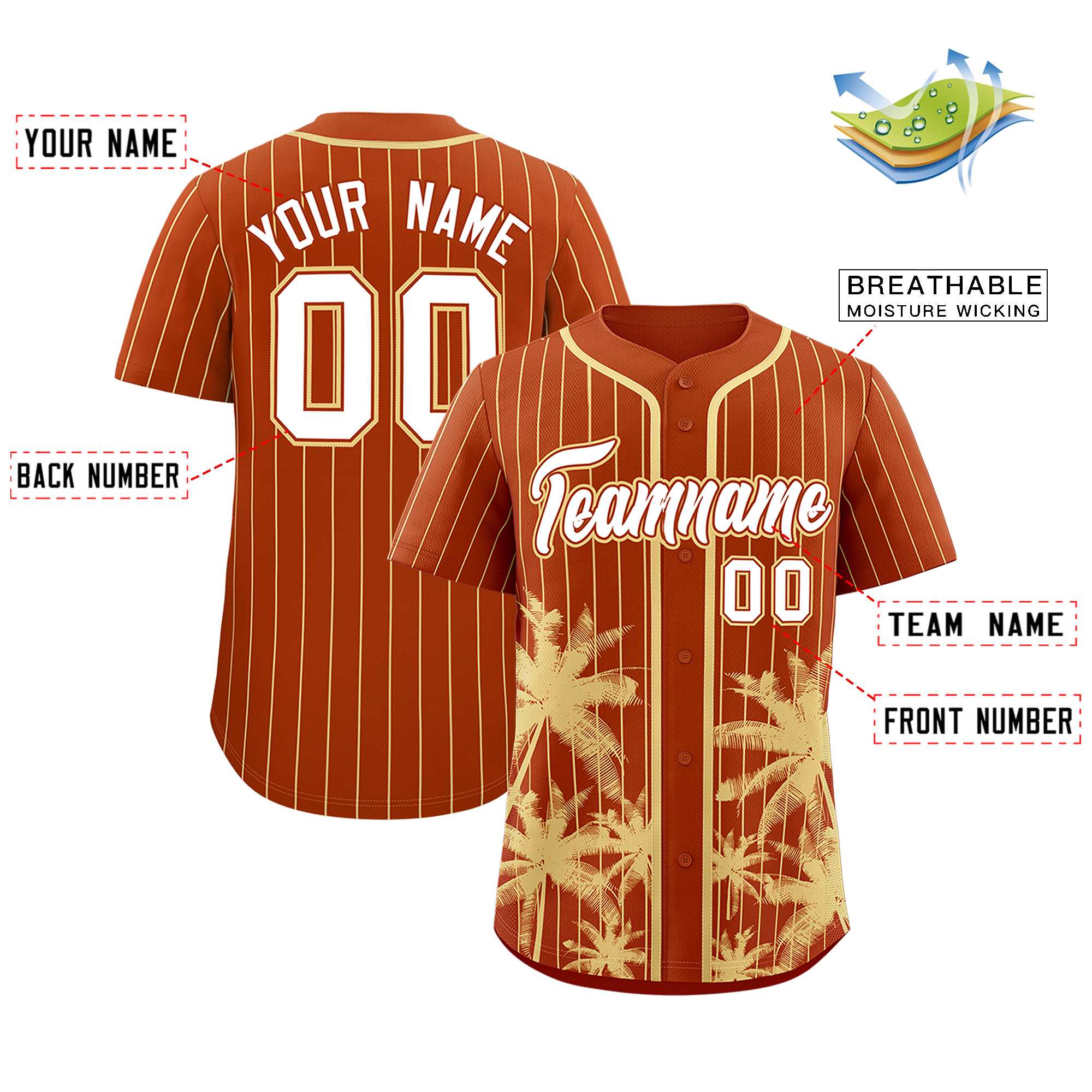 Custom Texas Orange Khaki Pinstripe Coconut Tree Pattern Authentic Baseball Jersey