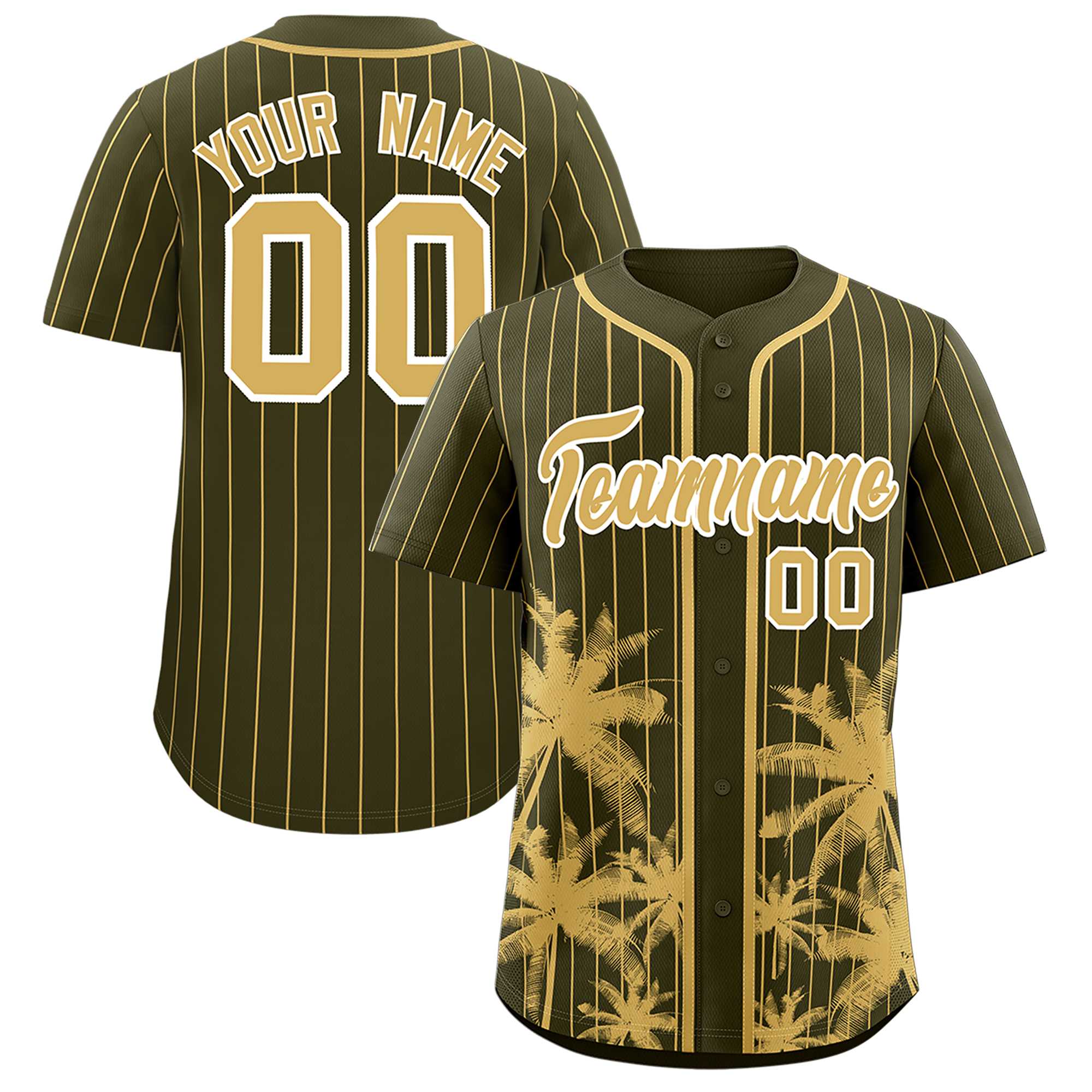 Custom Olive Old Gold Pinstripe Coconut Tree Pattern Authentic Baseball Jersey