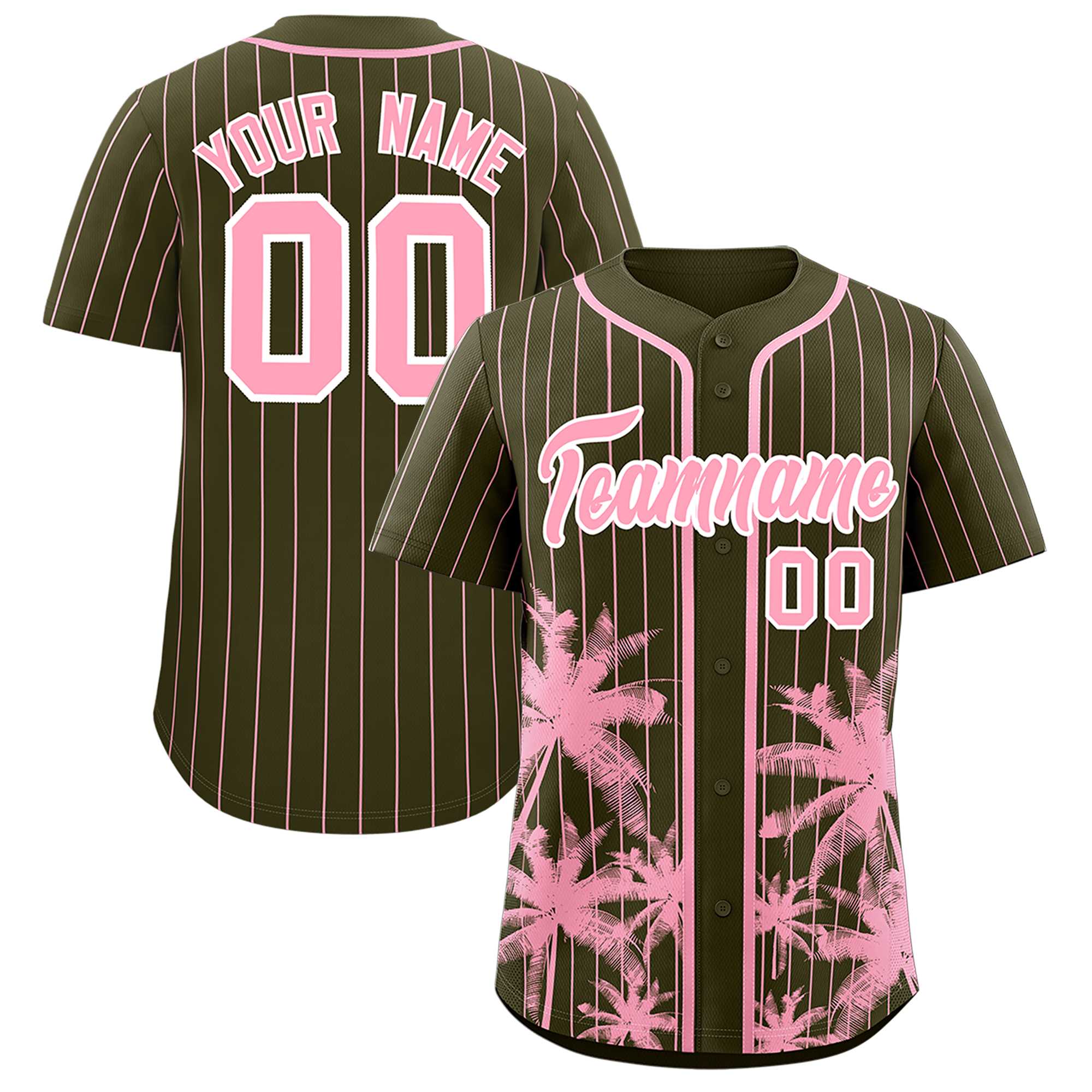 Custom Olive Light Pink Pinstripe Coconut Tree Pattern Authentic Baseball Jersey