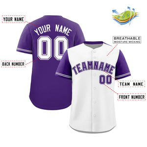 Custom White Purple Color Block Personalized Raglan Sleeves Authentic Baseball Jersey