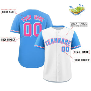 Custom White Powder Blue Color Block Personalized Raglan Sleeves Authentic Baseball Jersey