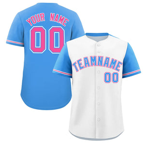 Custom White Powder Blue Color Block Personalized Raglan Sleeves Authentic Baseball Jersey