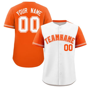 Custom White Orange Color Block Personalized Raglan Sleeves Authentic Baseball Jersey