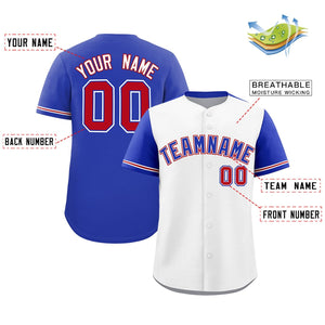 Custom White Royal Color Block Personalized Raglan Sleeves Authentic Baseball Jersey