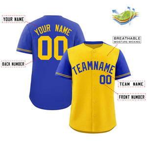 Custom Gold Royal Color Block Personalized Raglan Sleeves Authentic Baseball Jersey