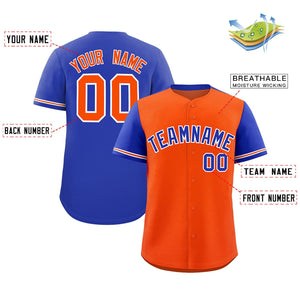 Custom Orange Royal Color Block Personalized Raglan Sleeves Authentic Baseball Jersey