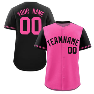 Custom Pink Black Color Block Personalized Raglan Sleeves Authentic Baseball Jersey