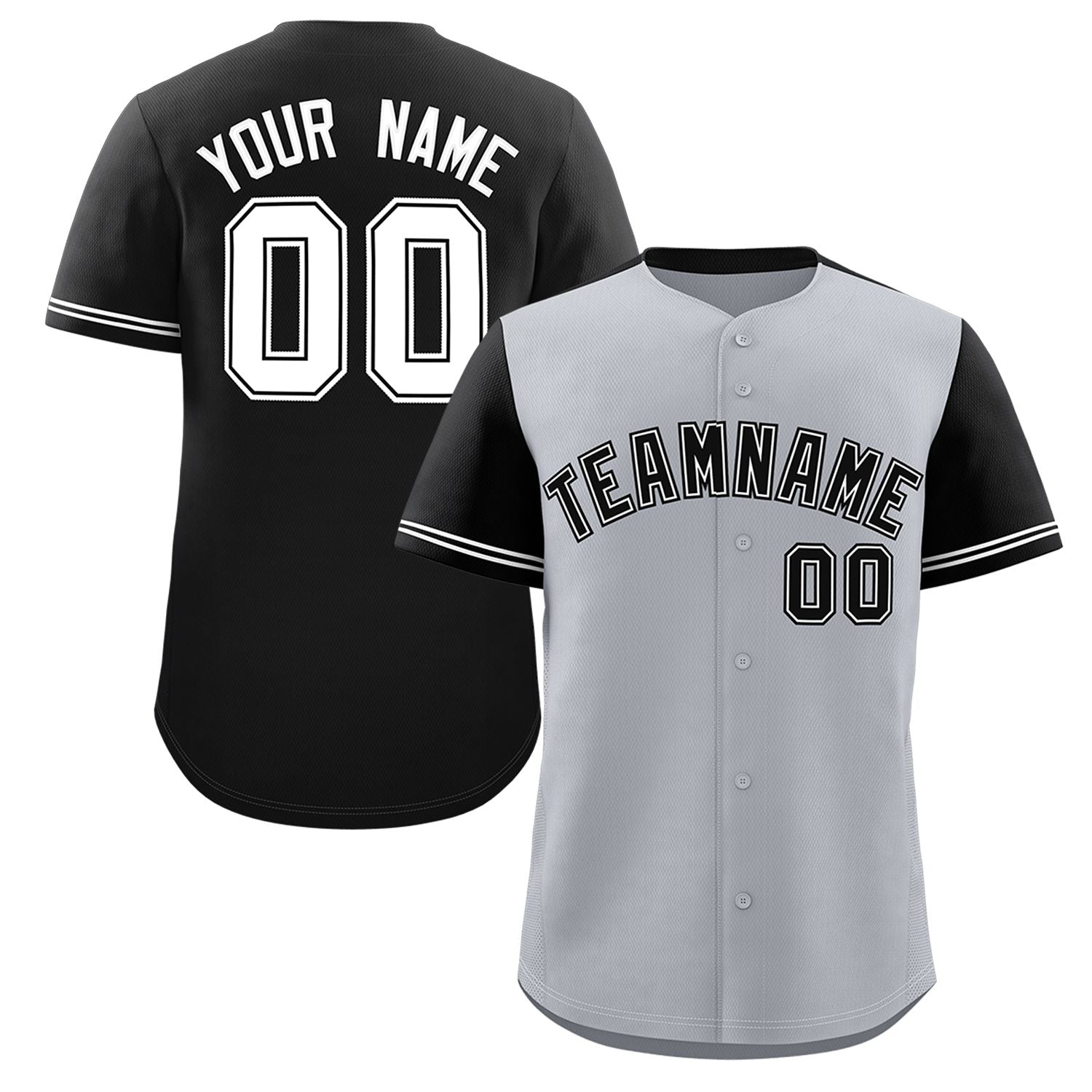 Custom Gray Black Color Block Personalized Raglan Sleeves Authentic Baseball Jersey