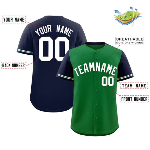 Custom Kelly Green Navy Color Block Personalized Raglan Sleeves Authentic Baseball Jersey