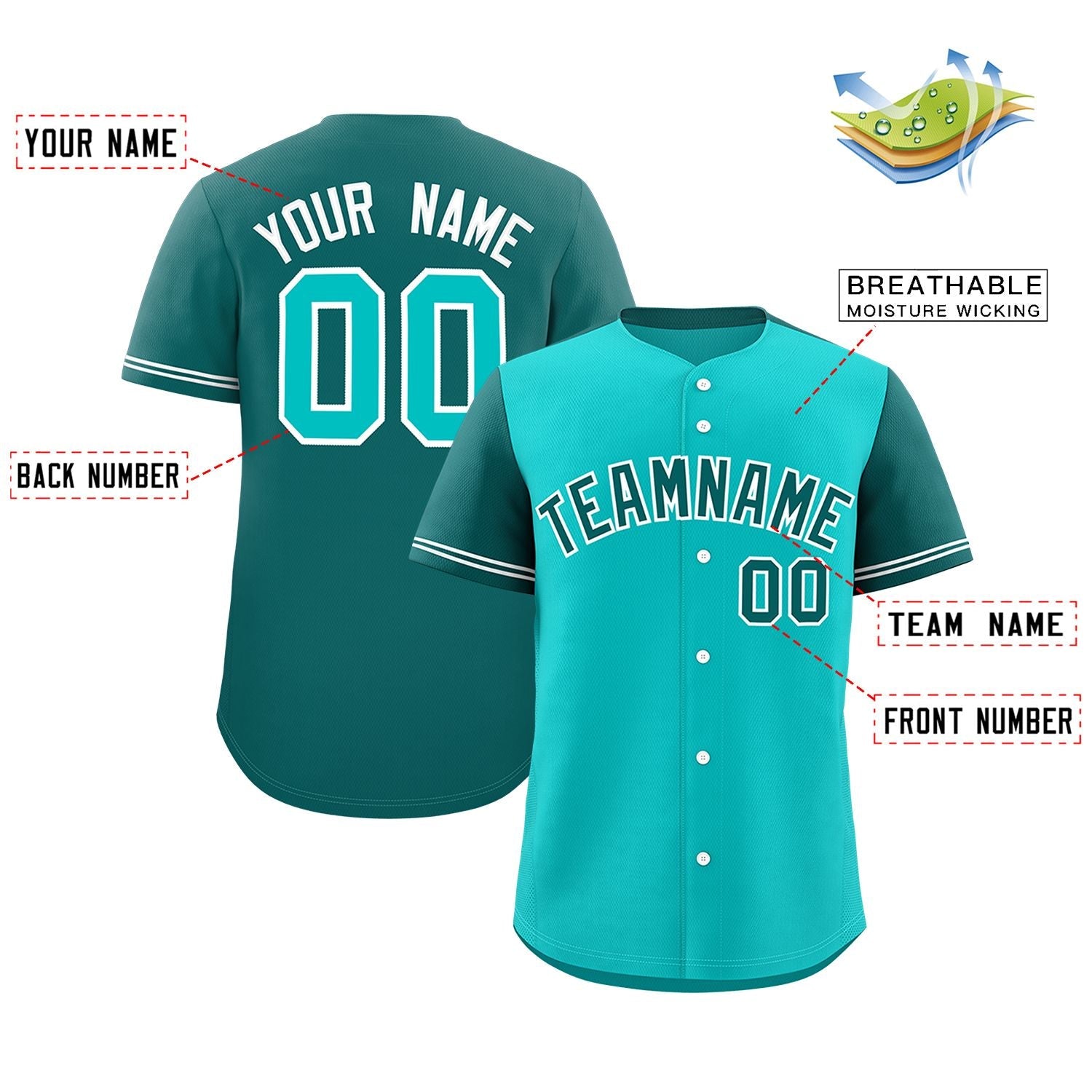 Custom Light Green Aqua Color Block Personalized Raglan Sleeves Authentic Baseball Jersey