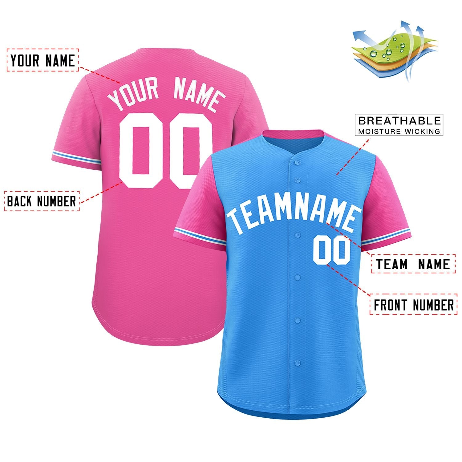 Custom Powder Blue Pink Color Block Personalized Raglan Sleeves Authentic Baseball Jersey