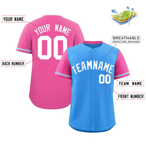 Custom Powder Blue Pink Color Block Personalized Raglan Sleeves Authentic Baseball Jersey