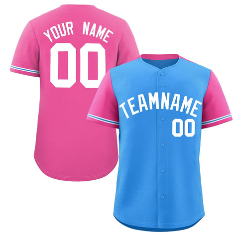 Custom Powder Blue Pink Color Block Personalized Raglan Sleeves Authentic Baseball Jersey