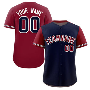 Custom Navy Crimson Color Block Personalized Raglan Sleeves Authentic Baseball Jersey