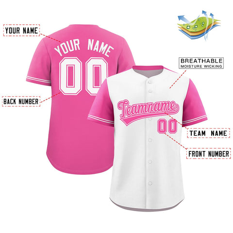 Custom White Pink Color Block Personalized Raglan Sleeves Authentic Baseball Jersey