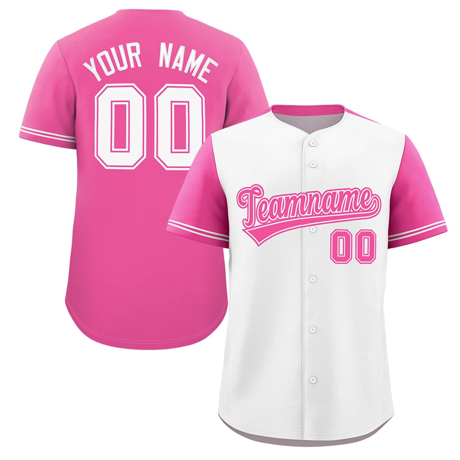 Custom White Pink Color Block Personalized Raglan Sleeves Authentic Baseball Jersey