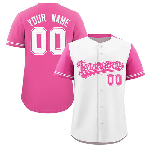 Custom White Pink Color Block Personalized Raglan Sleeves Authentic Baseball Jersey