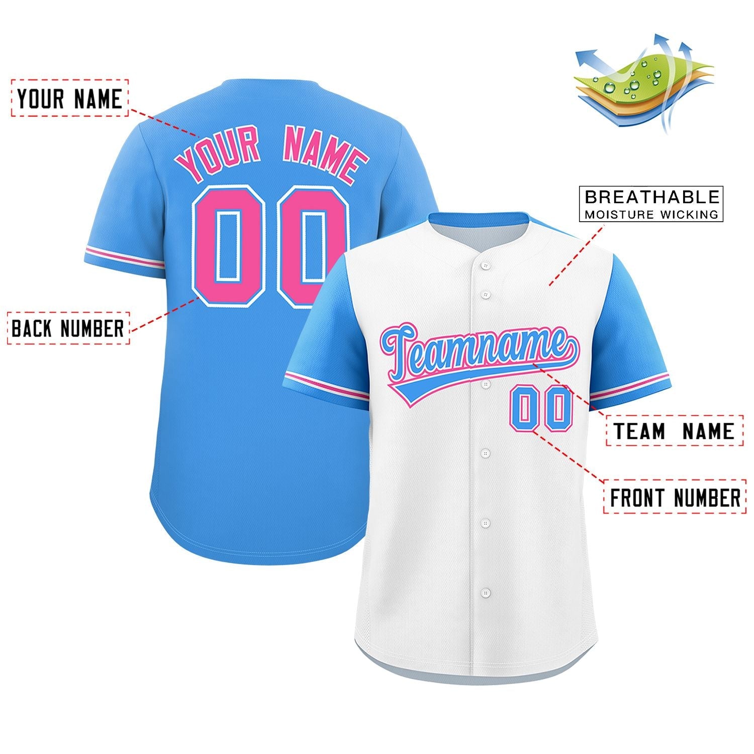 Custom White Powder Blue Color Block Personalized Raglan Sleeves Authentic Baseball Jersey