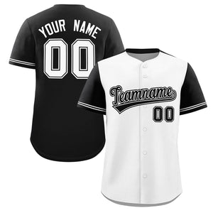 Custom White Black Color Block Personalized Raglan Sleeves Authentic Baseball Jersey