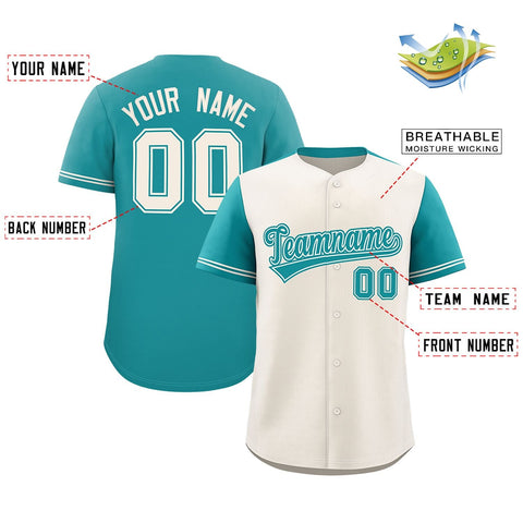 Custom Cream Aqua Color Block Personalized Raglan Sleeves Authentic Baseball Jersey