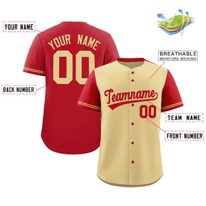 Custom Khaki Red Color Block Personalized Raglan Sleeves Authentic Baseball Jersey