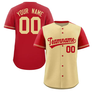 Custom Khaki Red Color Block Personalized Raglan Sleeves Authentic Baseball Jersey