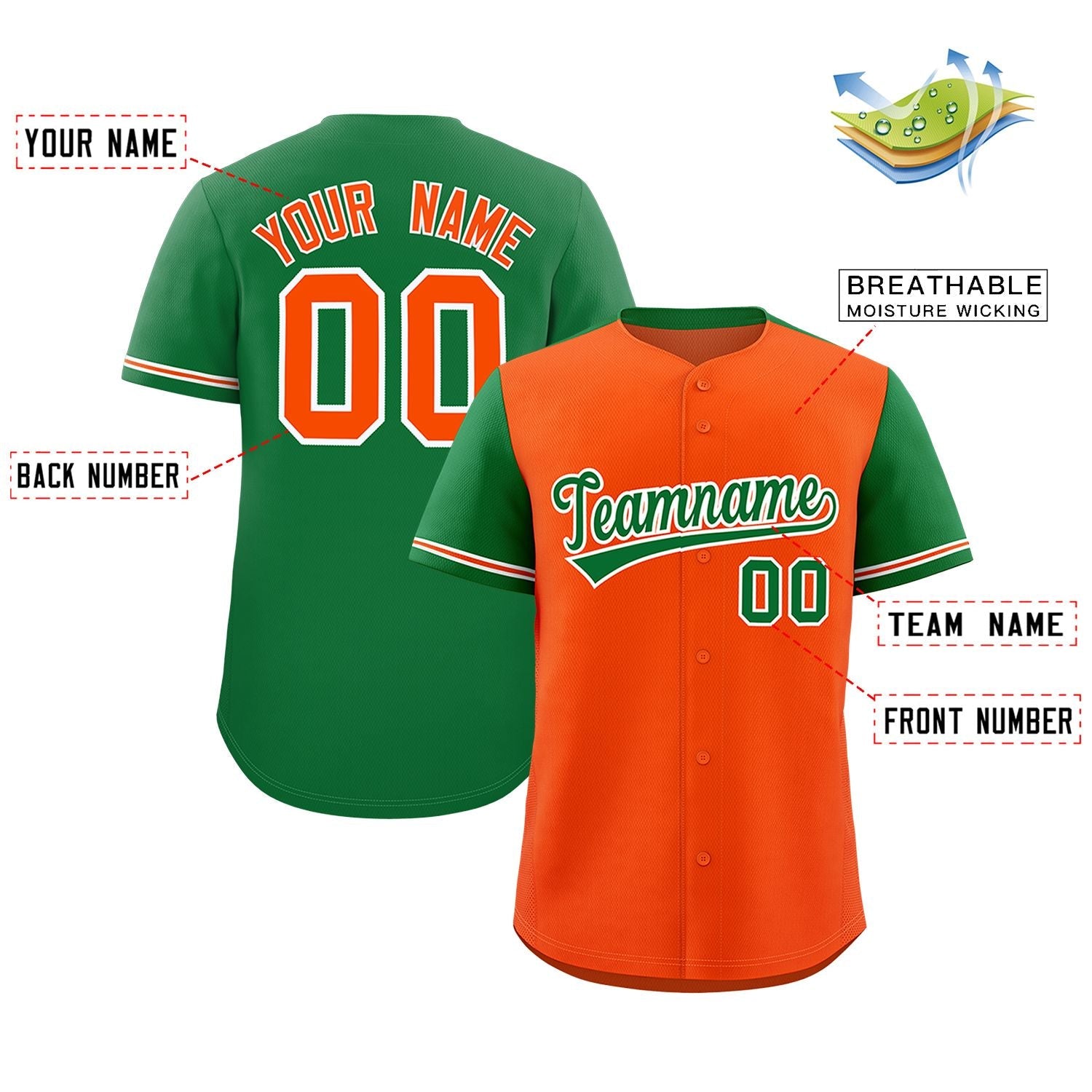 Custom Orange Kelly Green Color Block Personalized Raglan Sleeves Authentic Baseball Jersey