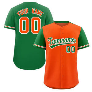 Custom Orange Kelly Green Color Block Personalized Raglan Sleeves Authentic Baseball Jersey