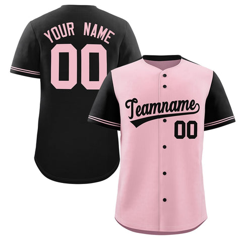 Custom Light Pink Black Color Block Personalized Raglan Sleeves Authentic Baseball Jersey