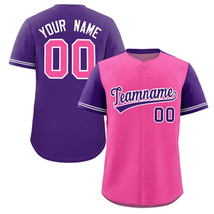 Custom Pink Purple Color Block Personalized Raglan Sleeves Authentic Baseball Jersey