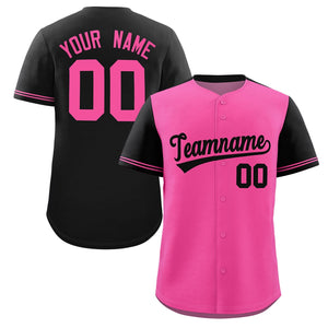 Custom Pink Black Color Block Personalized Raglan Sleeves Authentic Baseball Jersey