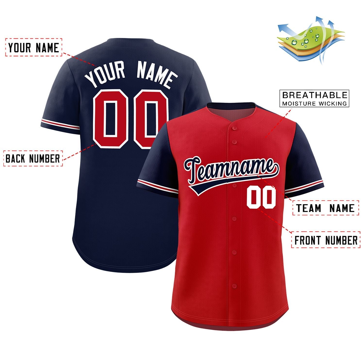 Custom Red Navy Color Block Personalized Raglan Sleeves Authentic Baseball Jersey